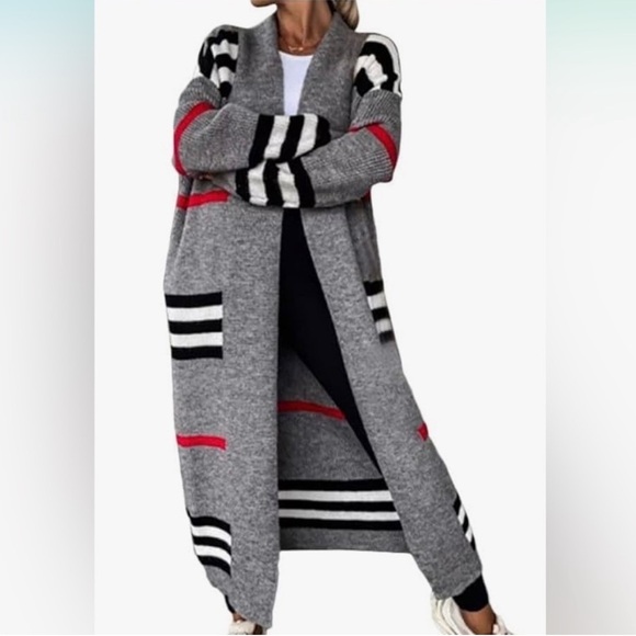 Sweaters - Striped Gray Long Cardigan Sweater
